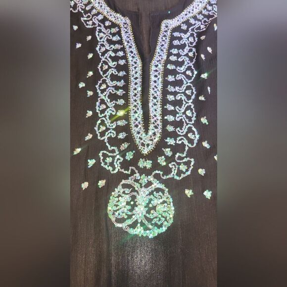 Venus Black Semi Sheer Silk Turquoise  Sequin Embroidered Beaded Tunic S - Picture 12 of 14